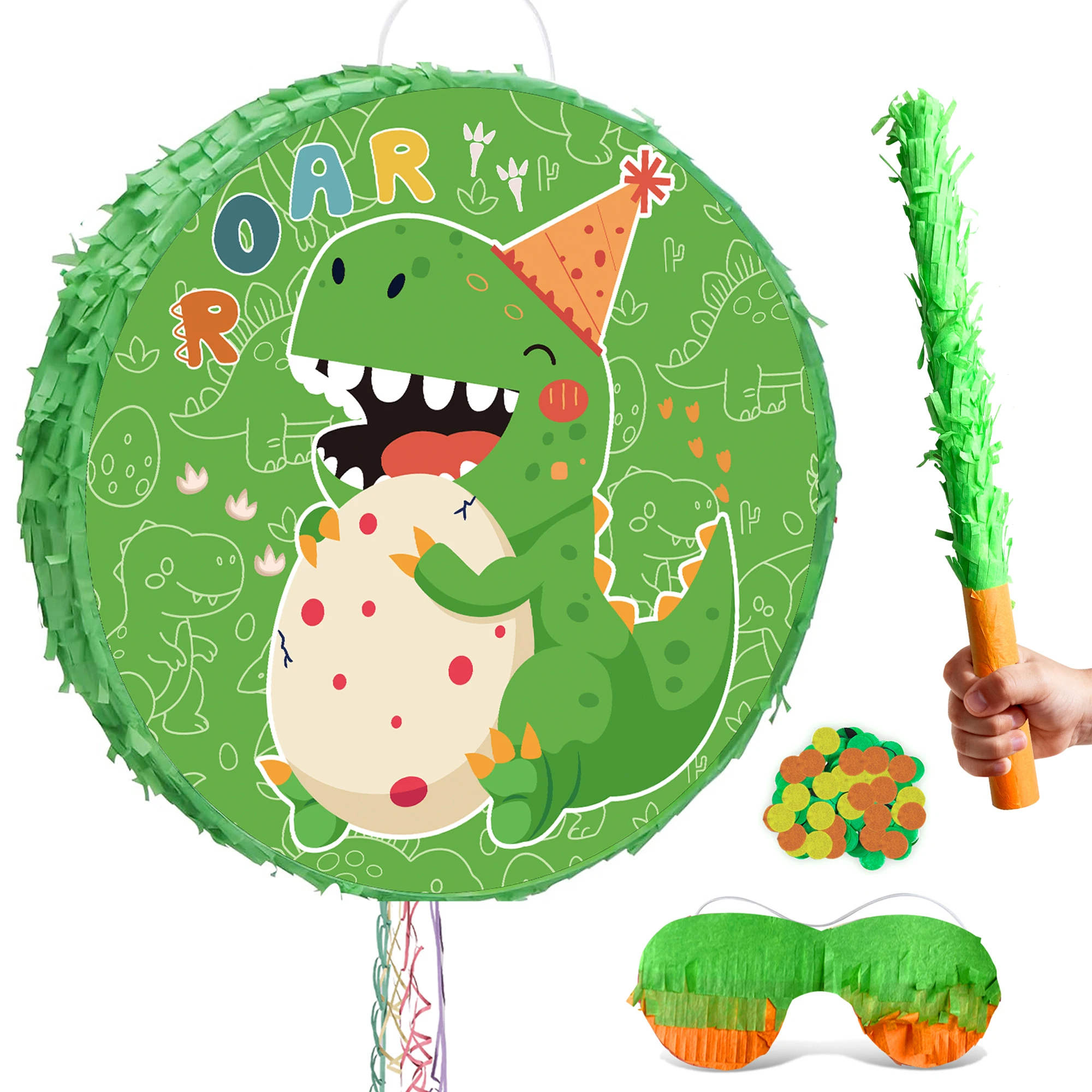 Paquete de piñata de fiesta de dinosaurio, 4 Uds., 17,58 pulgadas, Dino Piñata y dinosaurio, palo de piñata redondo con los ojos vendados, etc., suministros de cumpleaños de dinosaurios