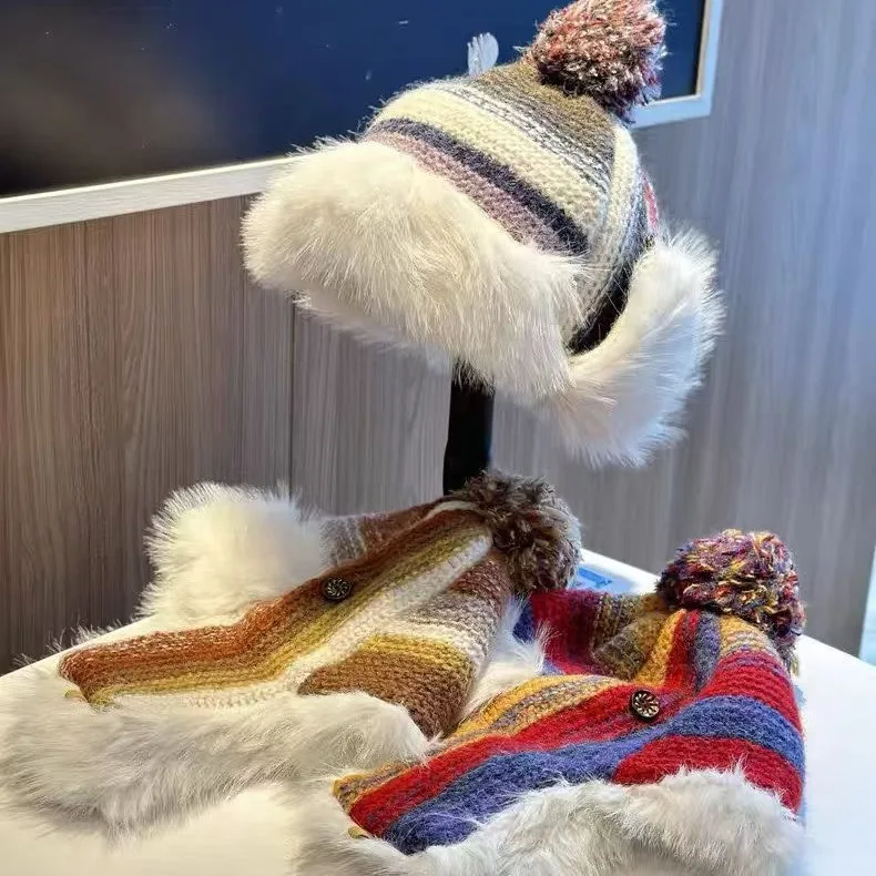 Women's Thermal Beanie with Ear Flaps Autumn/Winter Wool Puff Ball Striped Knit Colour-Block Ski Hat