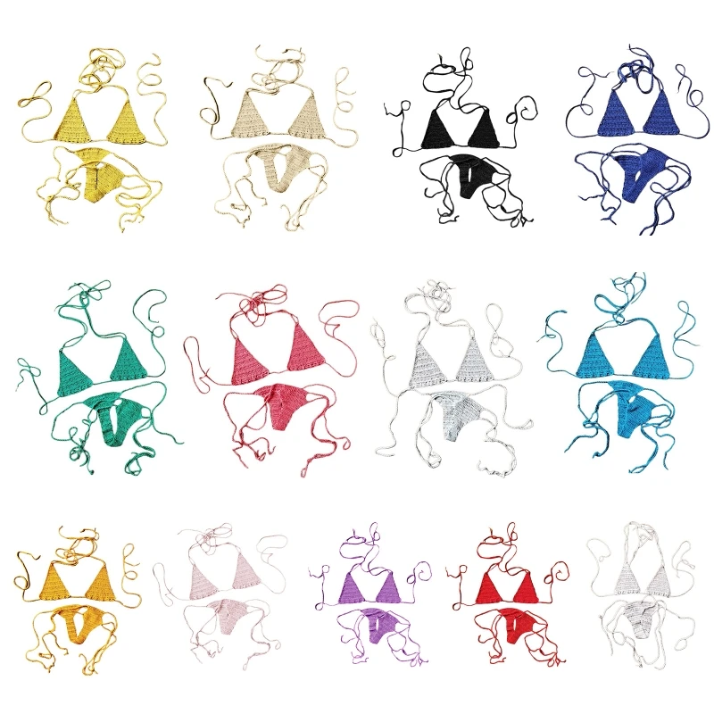 Women Crochet Swimsuit Set Swimming Costume Halterneck Top and Shorts