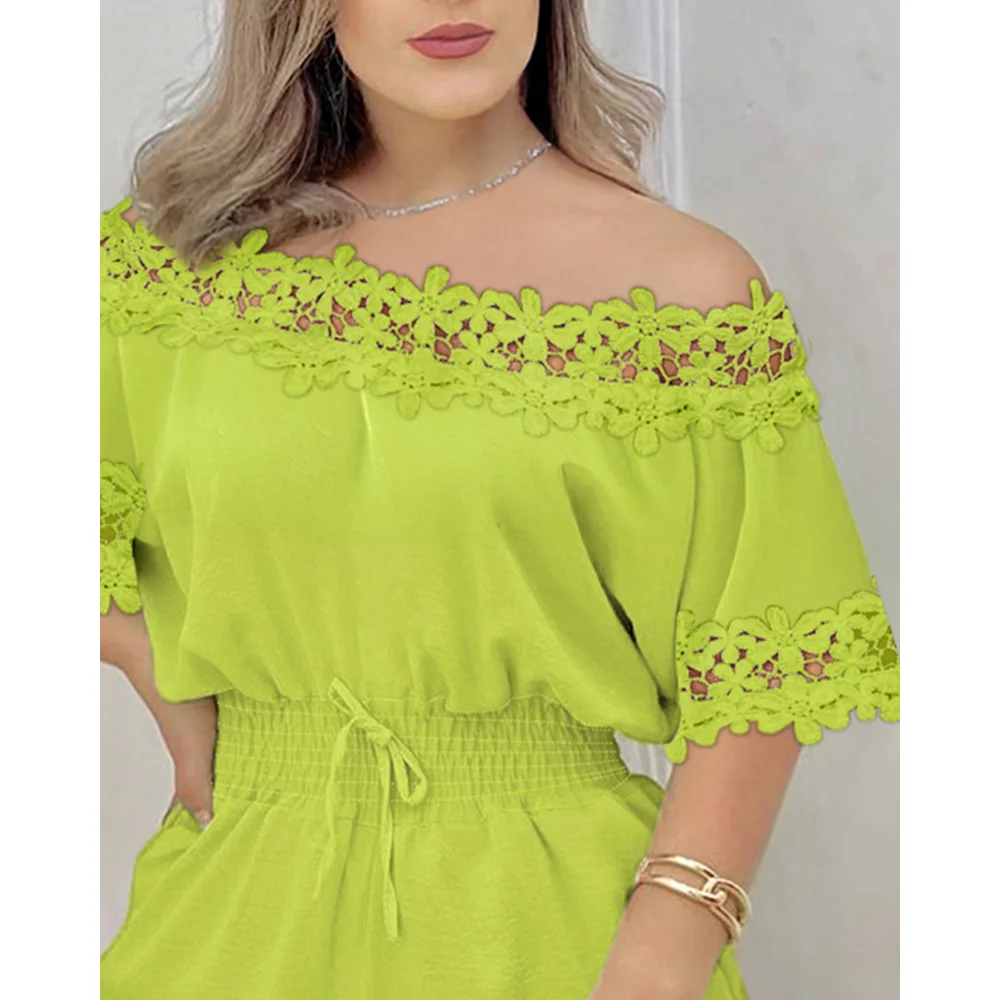 2025 Summer Women's Off Shoulder Floral Dec Short Sleeve Cinch Shirred Waist Jumpsuit Slim Fit Casual Romper With Belt Vacation