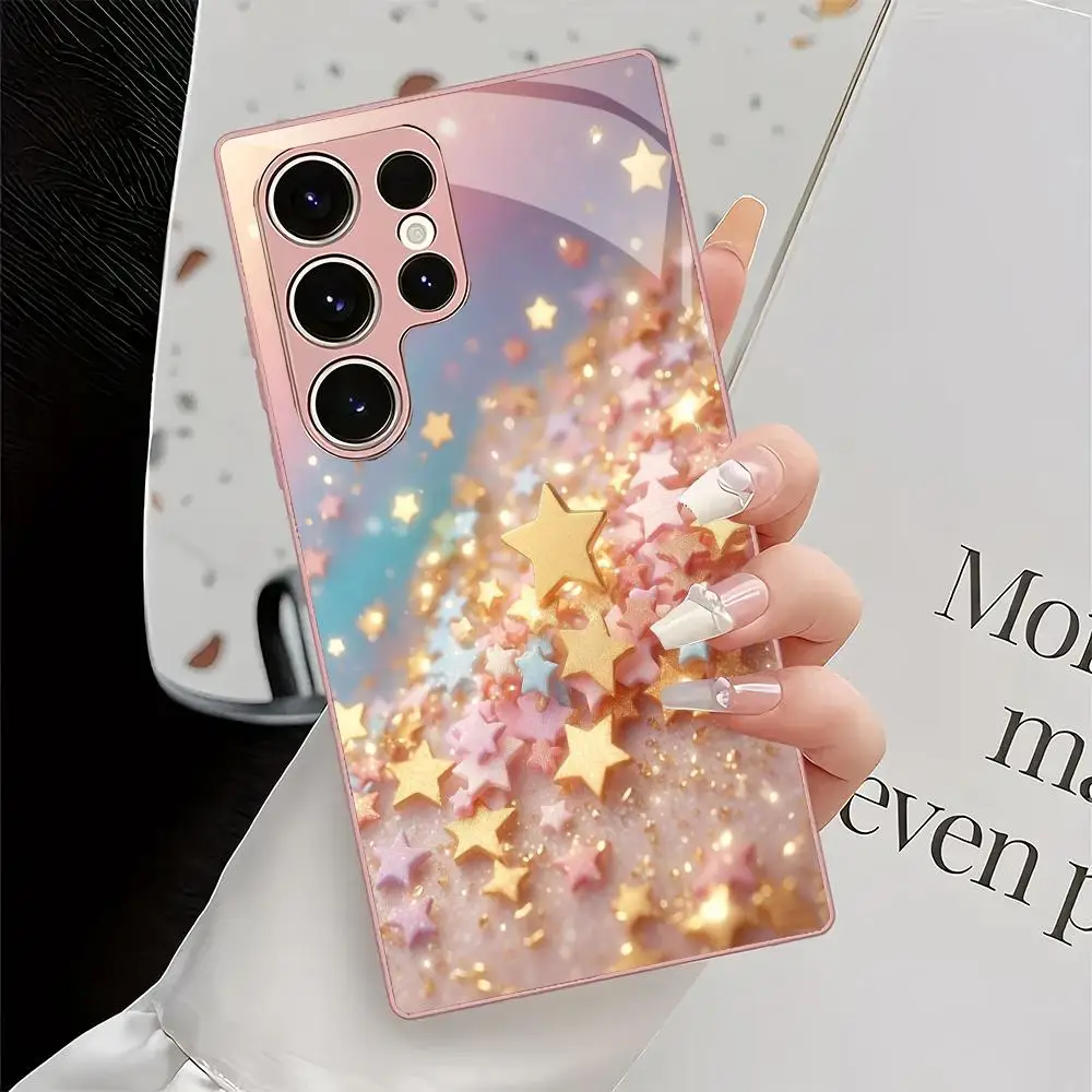 Colorful Star Metallic Glass Phone Case Suitable for Samsung GalaxyS26 S25 S24 S23 S22 S21 S20FE/Ultra/Plus Anti Drop Rear Cover