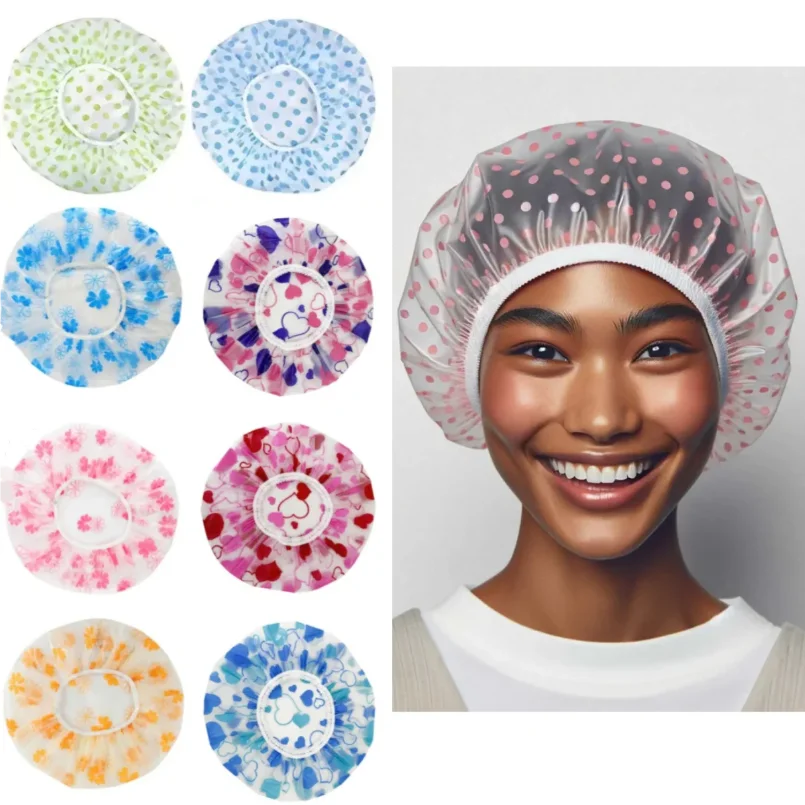 

Waterproof Shower Cap Polka Dot Style Bath Hat Reusable Elastic Band Hair Caps Spa Hair Salon Supplies Bathroom Accessories