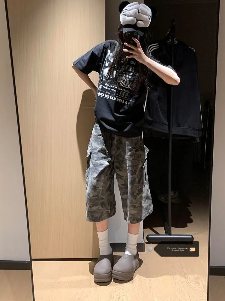 

plus Size American Style Camouflage Seven-Foot Jeans Women's Summer New Design Slimming Workwear Pants with Big Pockets