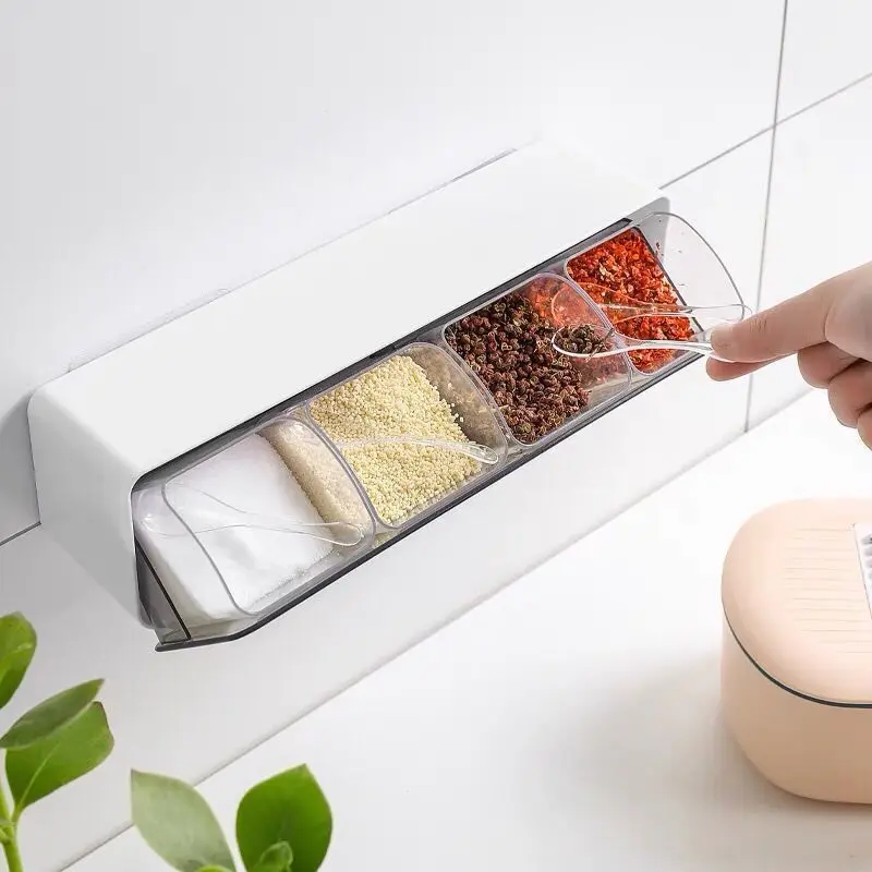 1pcs Kitchen Seasoning Box Set Household Wall-mounted MSG Salt Seasoning Supplies Jar Integrated Multi-grid Storage Box Spice Ja