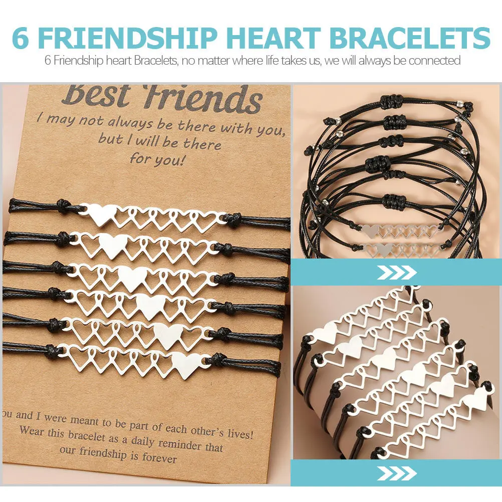 6Pcs Adjustable Heart Bracelets Rope Wrist Cord Jewelry for Friends Family Friendly Skin Material Fade-Resistant Casual