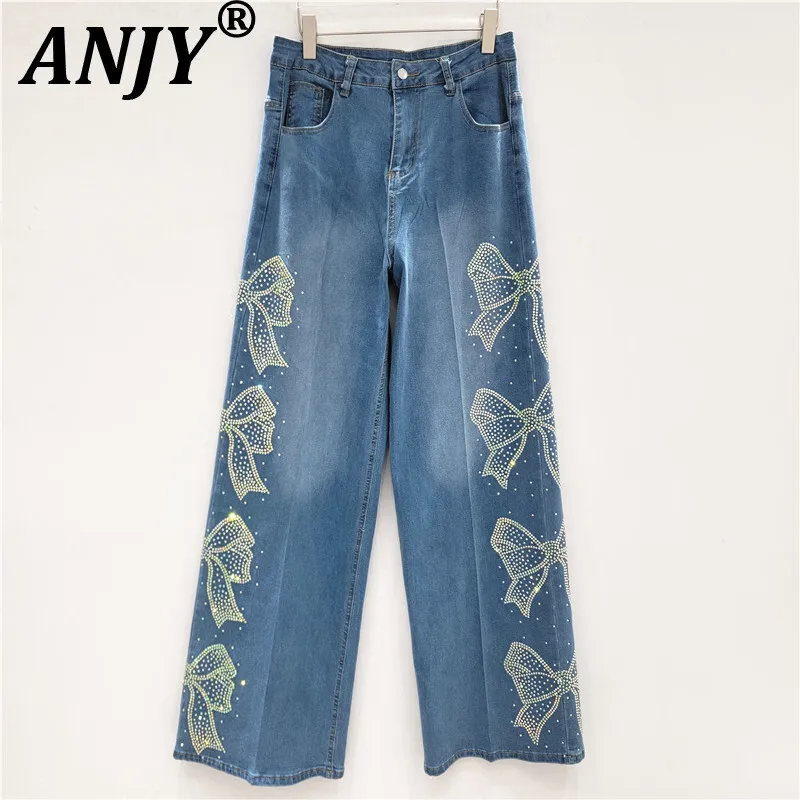 

ANJY Autumn New Women Tide Ins Jeans Studded Colorful Diamonds Bowknot Vintage Elegant High Street Stylish Wide Leg Pants A10275