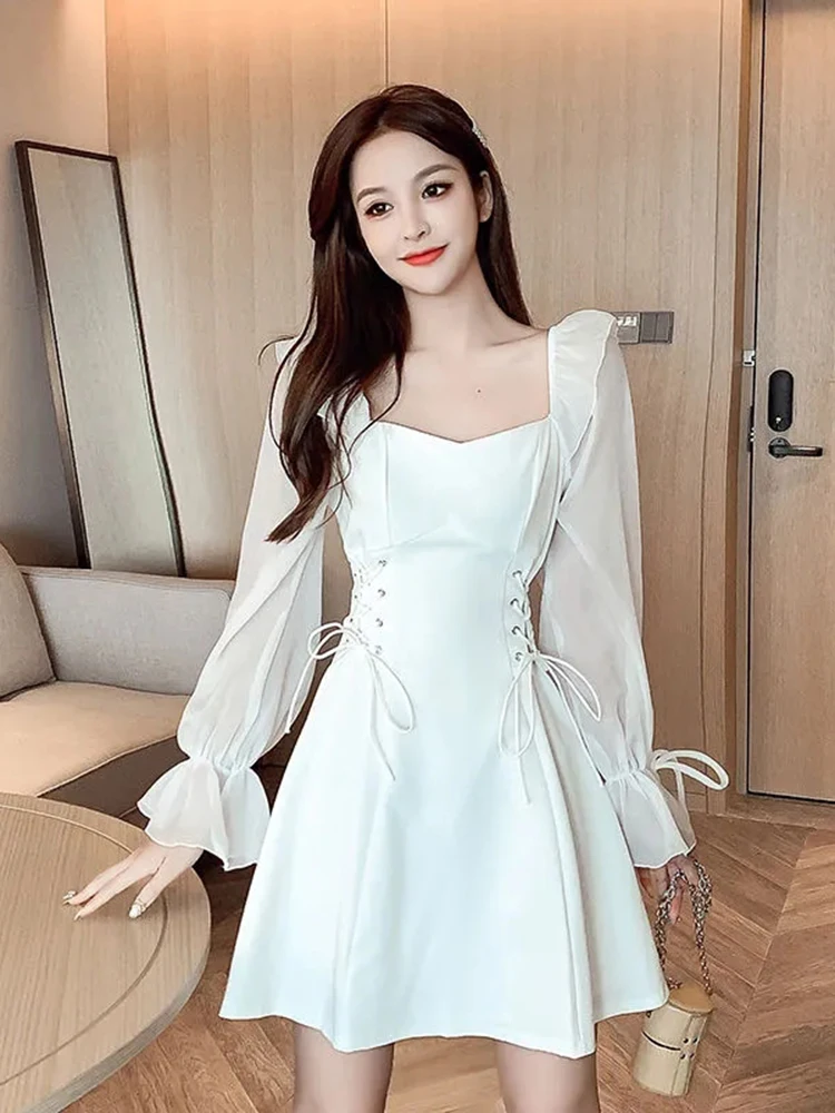 Women Dress Summer Elegant Square Collar Long Sleeve Chiffon Patchwork Dress French Sexy Bandage Tie Waist Fashion Vestidos