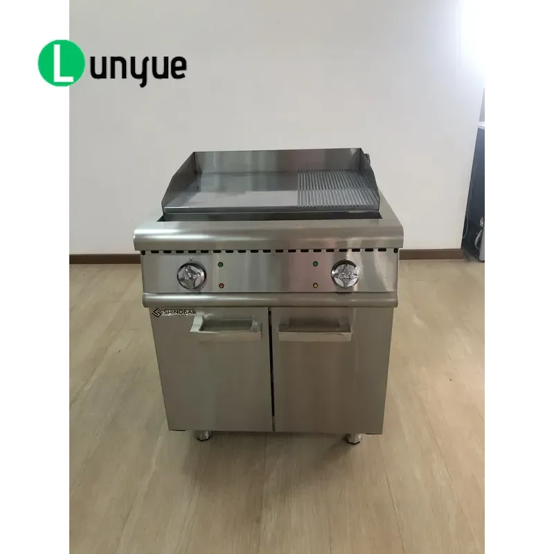Commercial Gas Flat Top Grill with 2/3 Griddle and 1/3 Grooved Plate Tower Height Design Baking Pan with Storage Cabinet for
