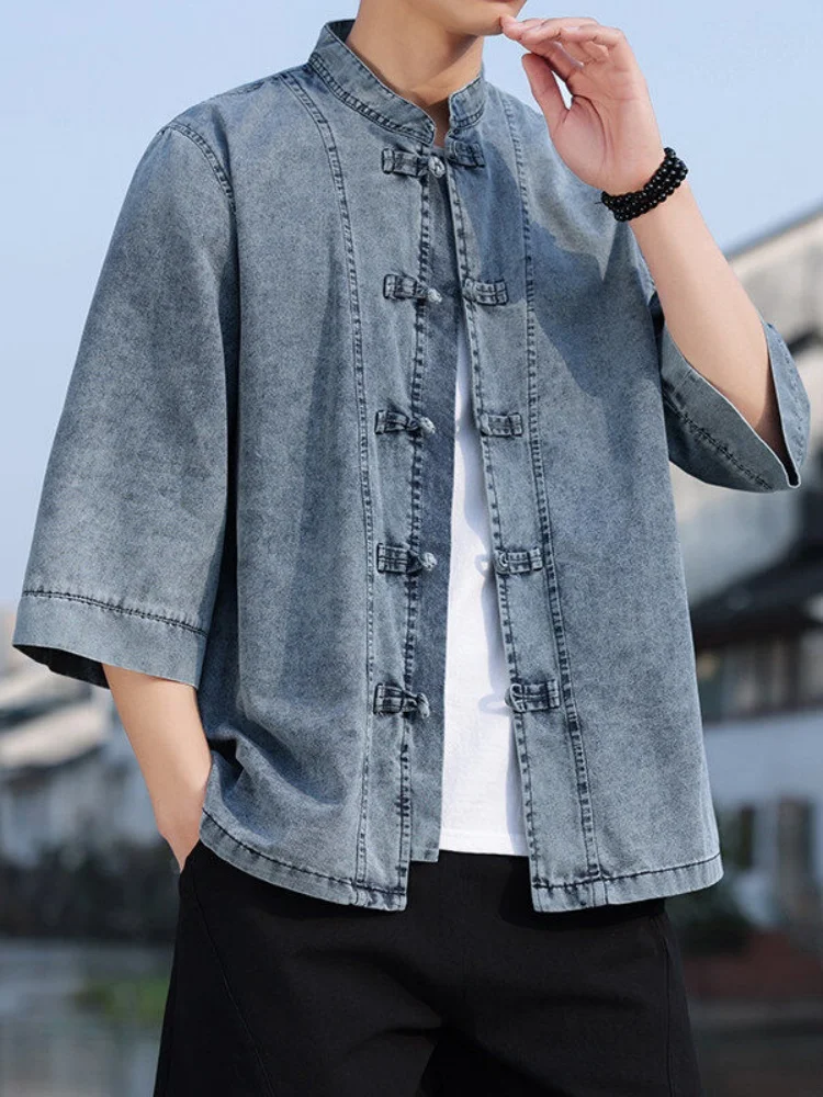 

Loose Fit Summer Thin Short Sleeve Denim Shirt Men's Fashion Casual Breathable Cotton Polyester Blend Button up Shirt