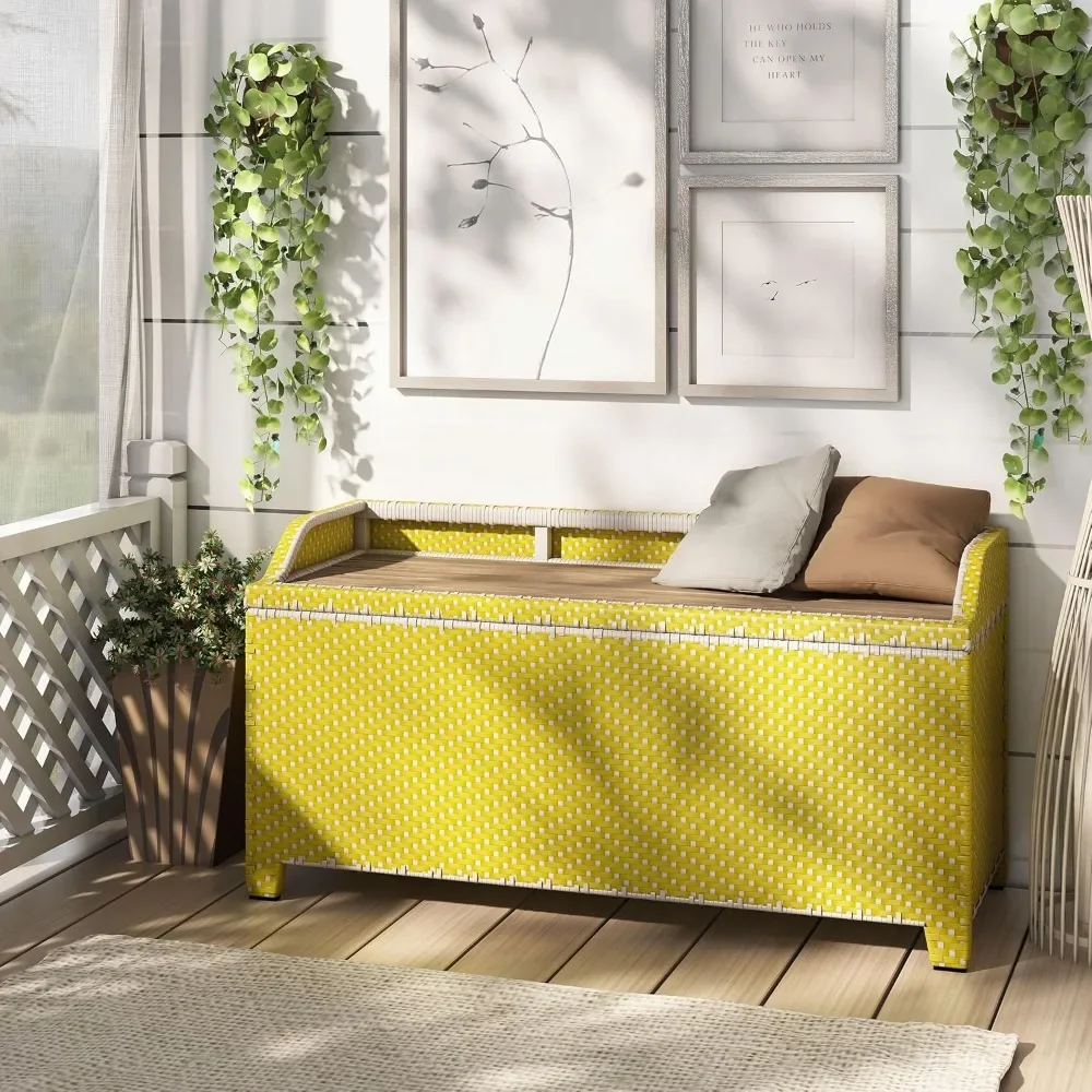 USA Azur Beach Aluminum and All-Weather Wicker 41 in. Wide Storage Bench for Garden, Backyard, Patio, Pool Area, Porch, Yellow