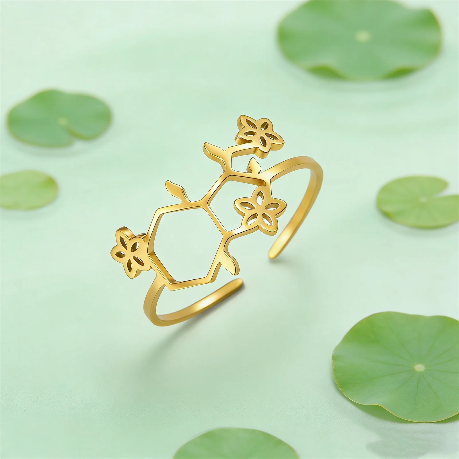Skyrim Flower 5-Hydroxytryptamin Molekularer offener Ring aus Edelstahl für Männer und Frauen, modischer Bohemian-Ring, Geburtstagsgeschenk