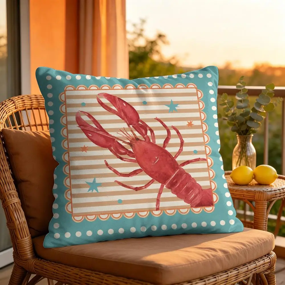 Watercolor Marine Life Peach Skin Throw Pillow Covers, Pastel Striped Polka Dot Frame Square Cushion Cases, Shrimp Jellyfish Oct