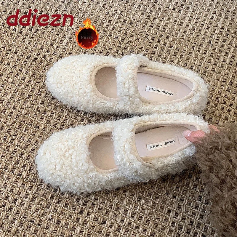 

Fashion Hook Loop Ladies Flats With Plush Shoes Round Toe Female Fluffy Footwear Mary Janes Flats Women New In Winter Shoes