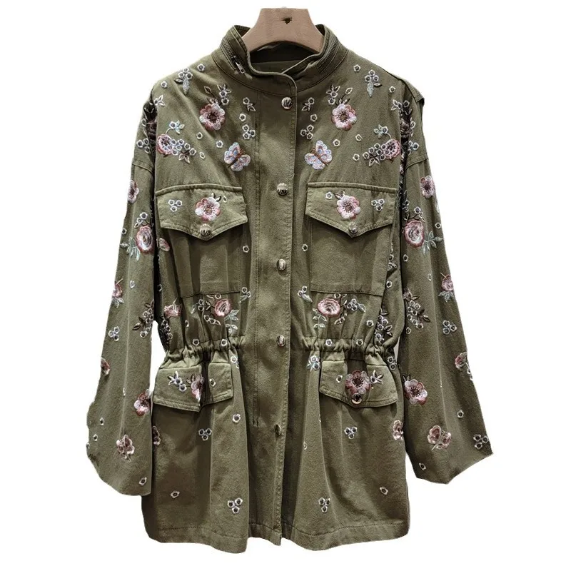 

Универсальный плащ с цветочной вышивкой | Европейская шикарная куртка на талии с завязками 2024, винтажный стиль, весна-осень