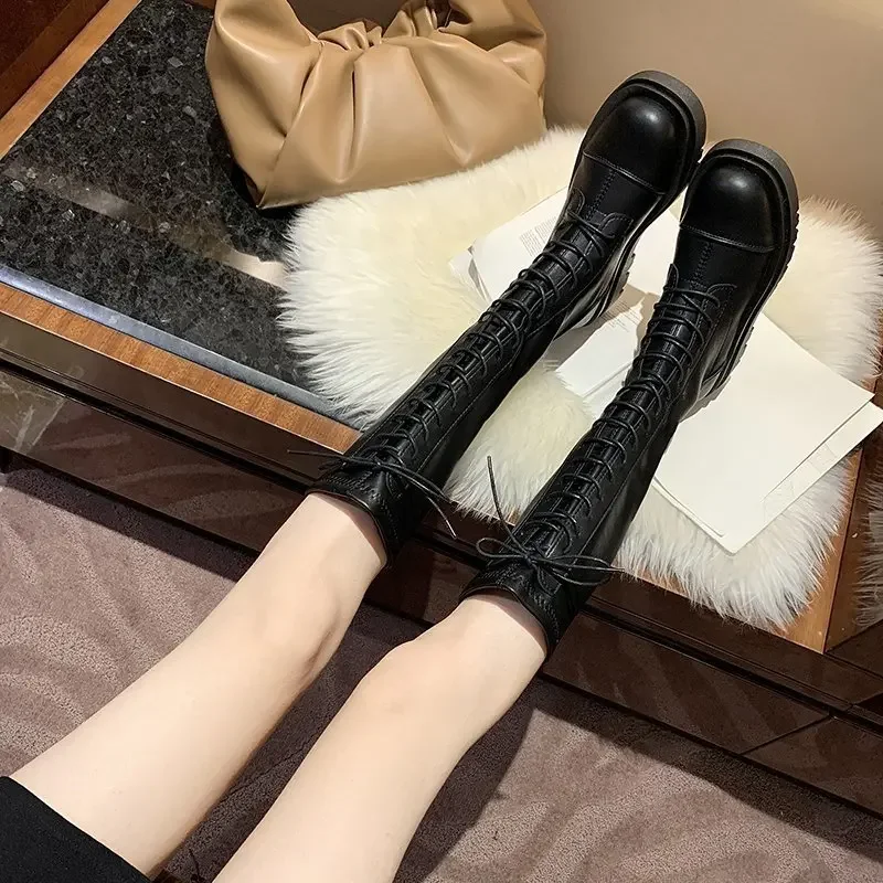 Petite Women's Knee-Length Boots 2022 Autumn Winter New Arrival Thick Sole Lace-Up Fashionable Trendy High Boots