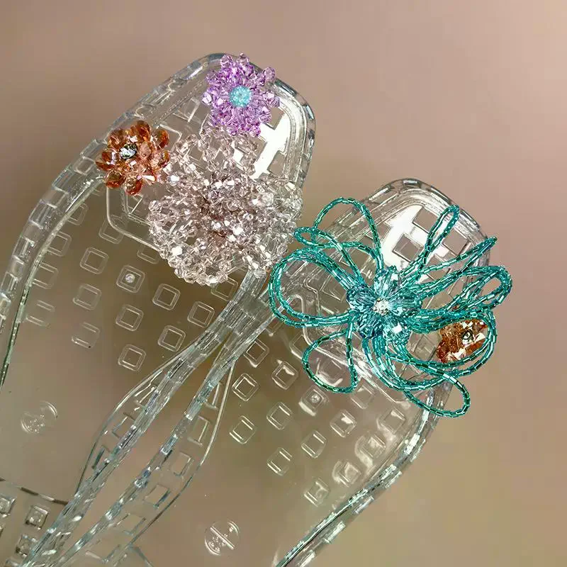 Dopamine Handcrafted Beaded Jelly Shoes  Bow Crystal Shoes Accessory DIY Decorative Shoe Flower Slippers Colorful Buckles