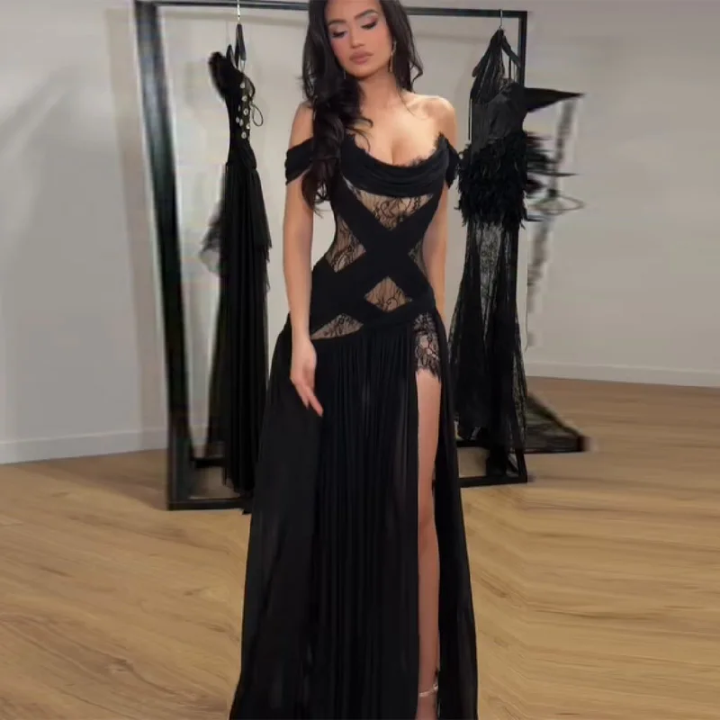 Retro Sexy Maxi Dress Off-shoulder Lace Cutout Chiffon High Slit Lady Formal Gowns Elegant Evening Party Women Trendy Wear