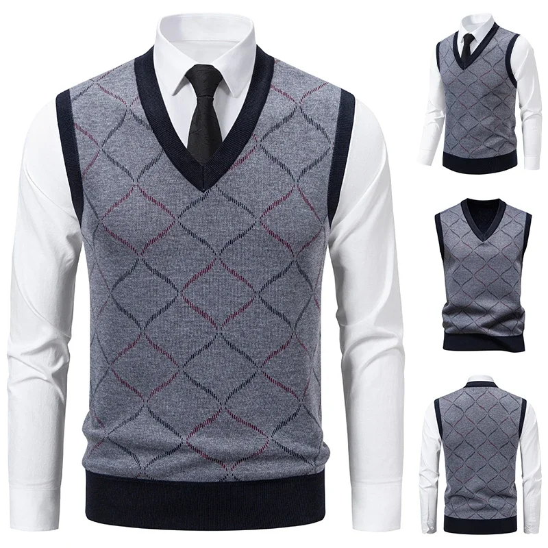 

Мужской вязаный свитер с v-образным вырезом, 2025 г., теплый осенне-зимний свитер с ромбовидной сеткой, витой цветок, повседневный модный универсальный вязаный топ