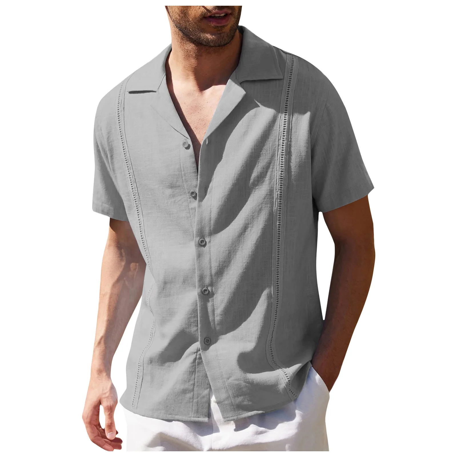 Men\'s Traditional Cuban Camp Collar Guayabera Shirt Short Sleeve Embroidered Mens Shirts Soft Breathable Solid Color Beach Shirt