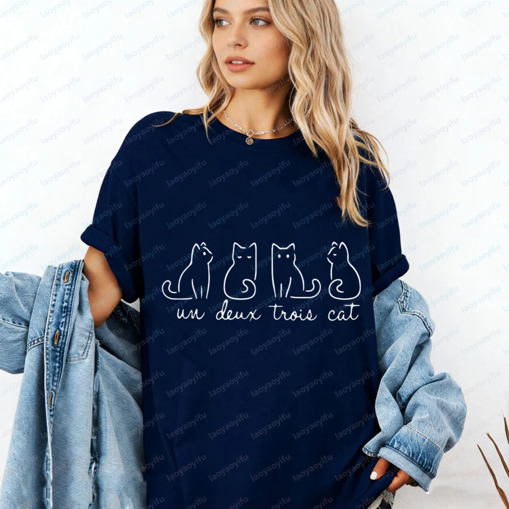Casual Style Women's T-Shirt Cat Pattern with French Text Un Deux Trois Cat Summer Wear for Cat Lovers Gift Graphic T Shirts Tee