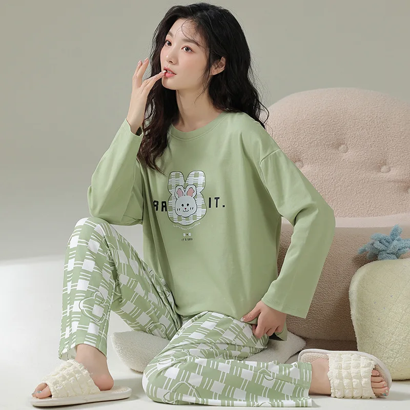 Cotton High-Quality Pyjamas Women Autumn and Winter Long-Sleeved Two-Piece Fresh Mint Green Plaid Loungewear Cartoon Bear Girl