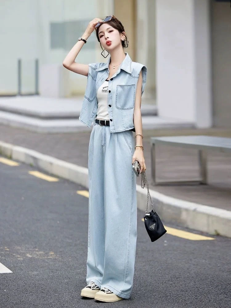 

Jeans Pant Sets for Women 2 Pieces Comfortable Clothing Trend 2025 Sales Promotion with Sleeve Denim Wide Leg Trousers Woman
