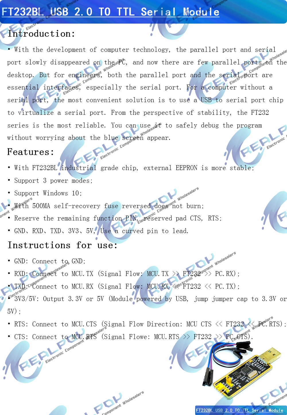 FT232 FT232BL FT232RL USB 2.0 zu TTL Level Download-Kabel zu Seriell-Board-Adaptermodul 5V 3.3V Debugger TO 232 unterstützt Win10 – Detail 1