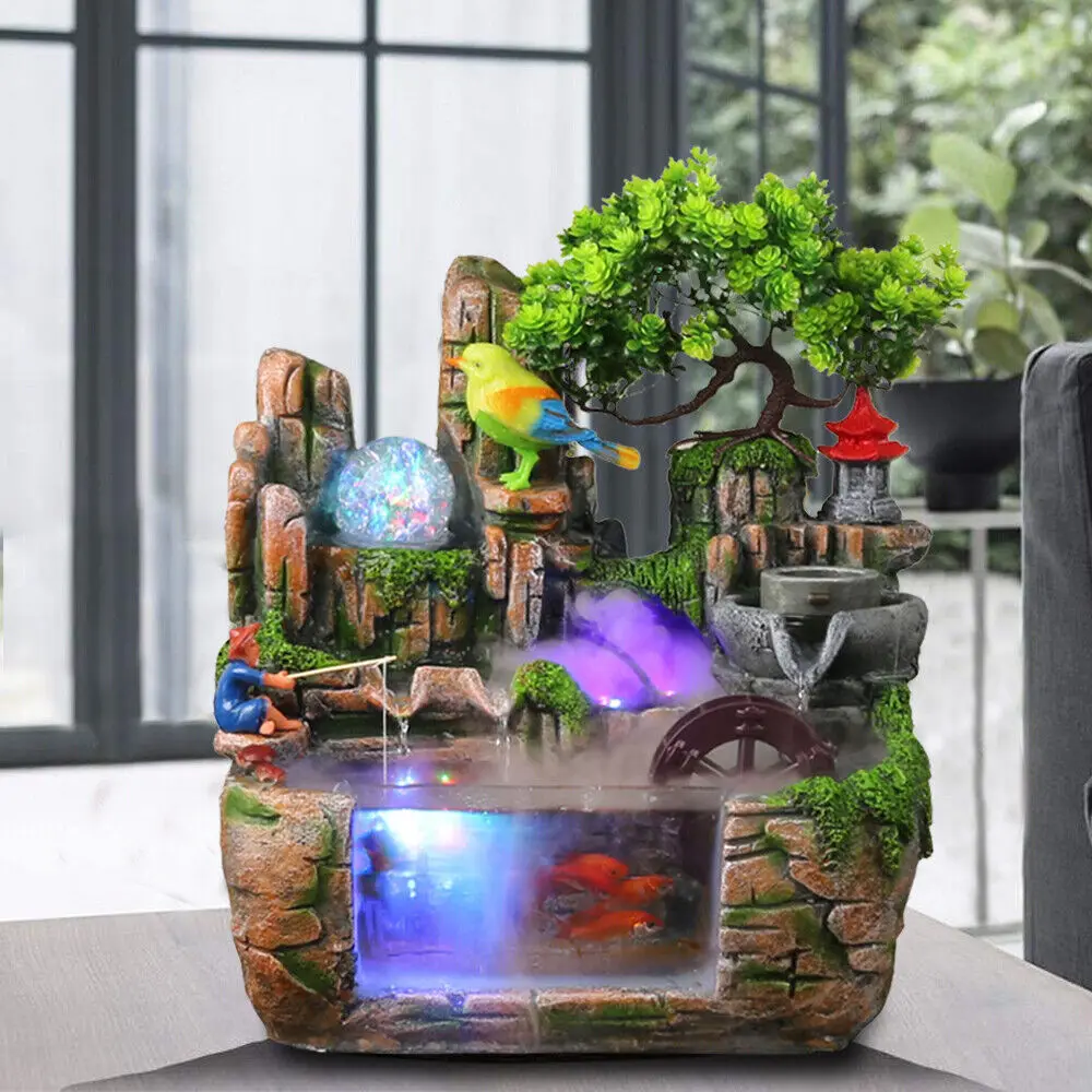 

Desktop Fountain Waterfall and Rocks Indoor Relaxation Desktop Resin Decoration with Shallow Bird and Fisherman Suitable