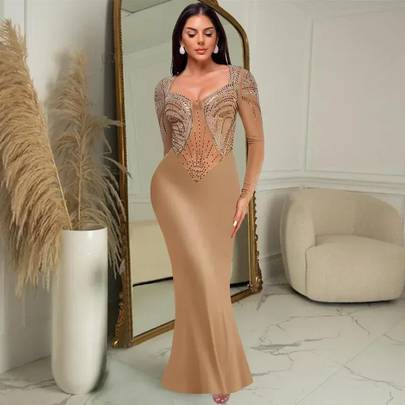 

GUWU Women Long Sleeve Mesh See Through Hot Rhinestone Dress O-neck Sexy Patchwork Party Club Evening Birthday Long Maxi Dresses