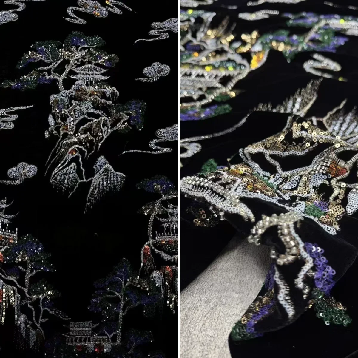 

Exquisite Silk Velvet Sequins Bead Tube Embroidery Fabric Sewing Hanfu Qipao Jacket Designer Fabric For Jiuzhong Palace