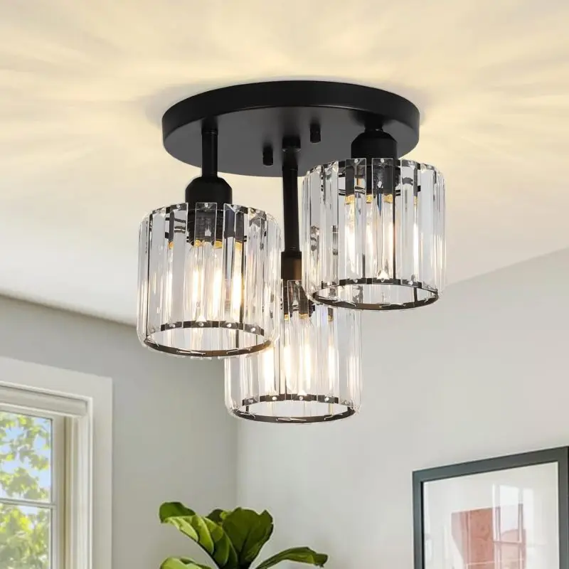 

Semi Flush Mount Light 3-light Modern Close To Ceiling Fixtures Black Kitchen With Clear Crystal Shade Hallway Light Fixtures