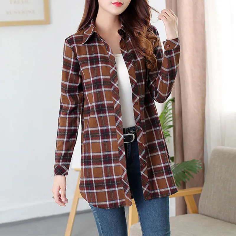 Women\'s Mid Length Plaid Shirt, Elegant, Simplicity, Loose, Korean Tops, Casual Clothes, Spring and Summer Fashion, New Style