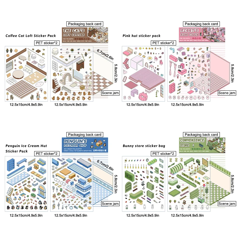 4/8 pçs 3d dos desenhos animados paisagismo adesivos com pinça diy cena de cabine em miniatura empilhamento colando mão conta bonito presente para crianças