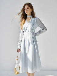 FSLE Women French Style Ribbon Temperament Dress Light Blue High Waist V-Neck Mid-Calf Long Sleeve Dresses 24FS11342