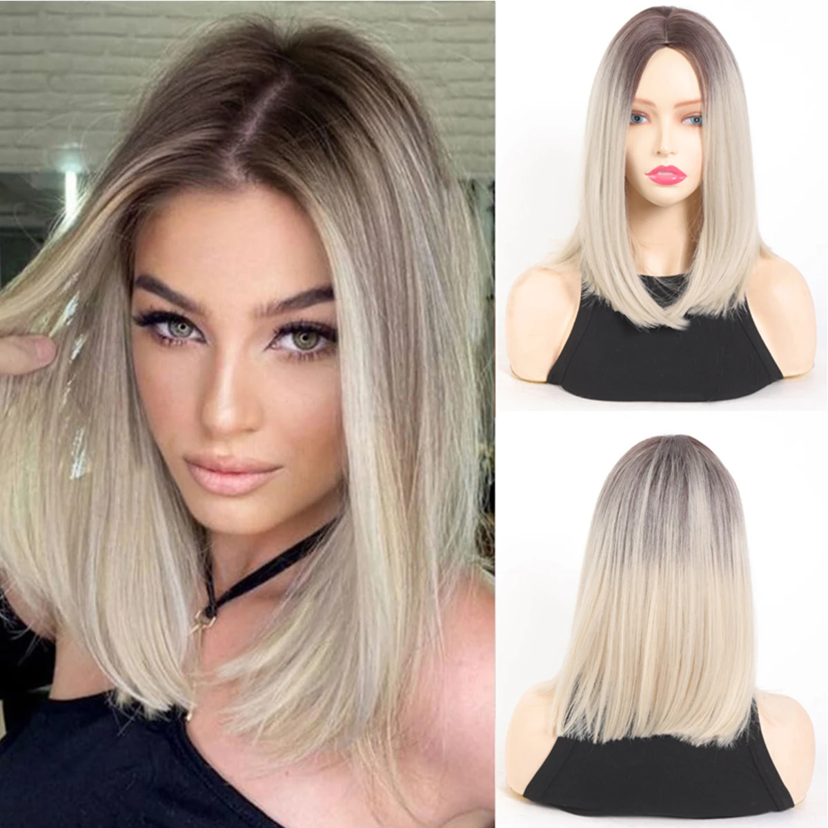 

16 Inch Straight Ombre Blonde Wigs, Synthetic Bob Wig With Dark Roots Wigs For Daily Party Wear By Women