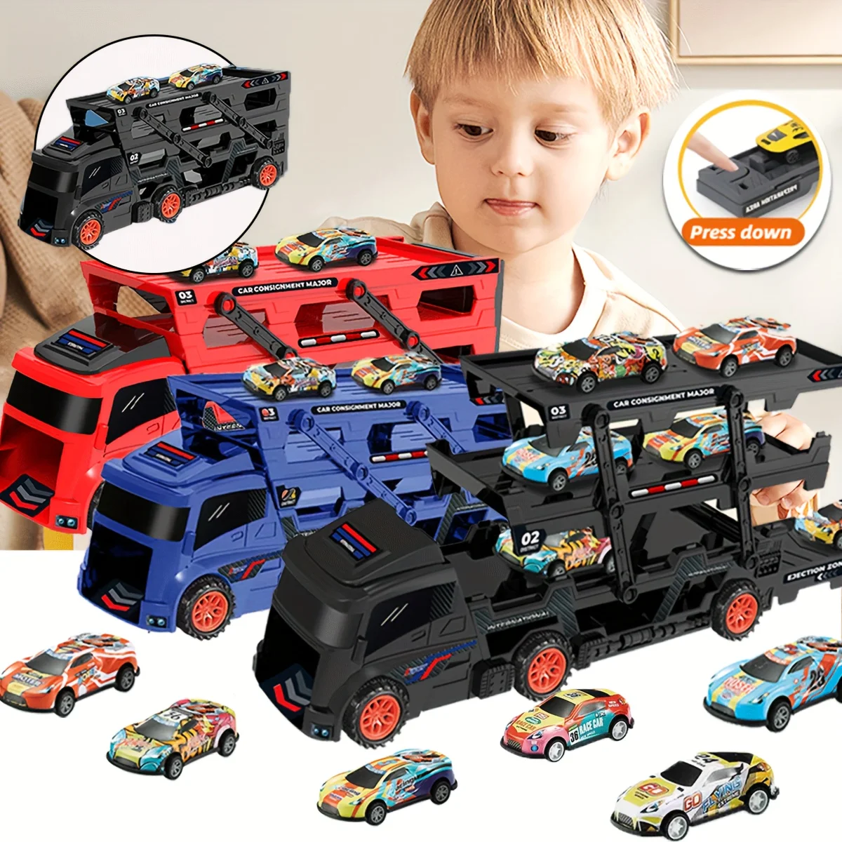 Three-layer Large Truck Toy for Boys Aged 3-6, Transformable Folding Ejecting Container Transport Truck, Birthday Christmas Gift