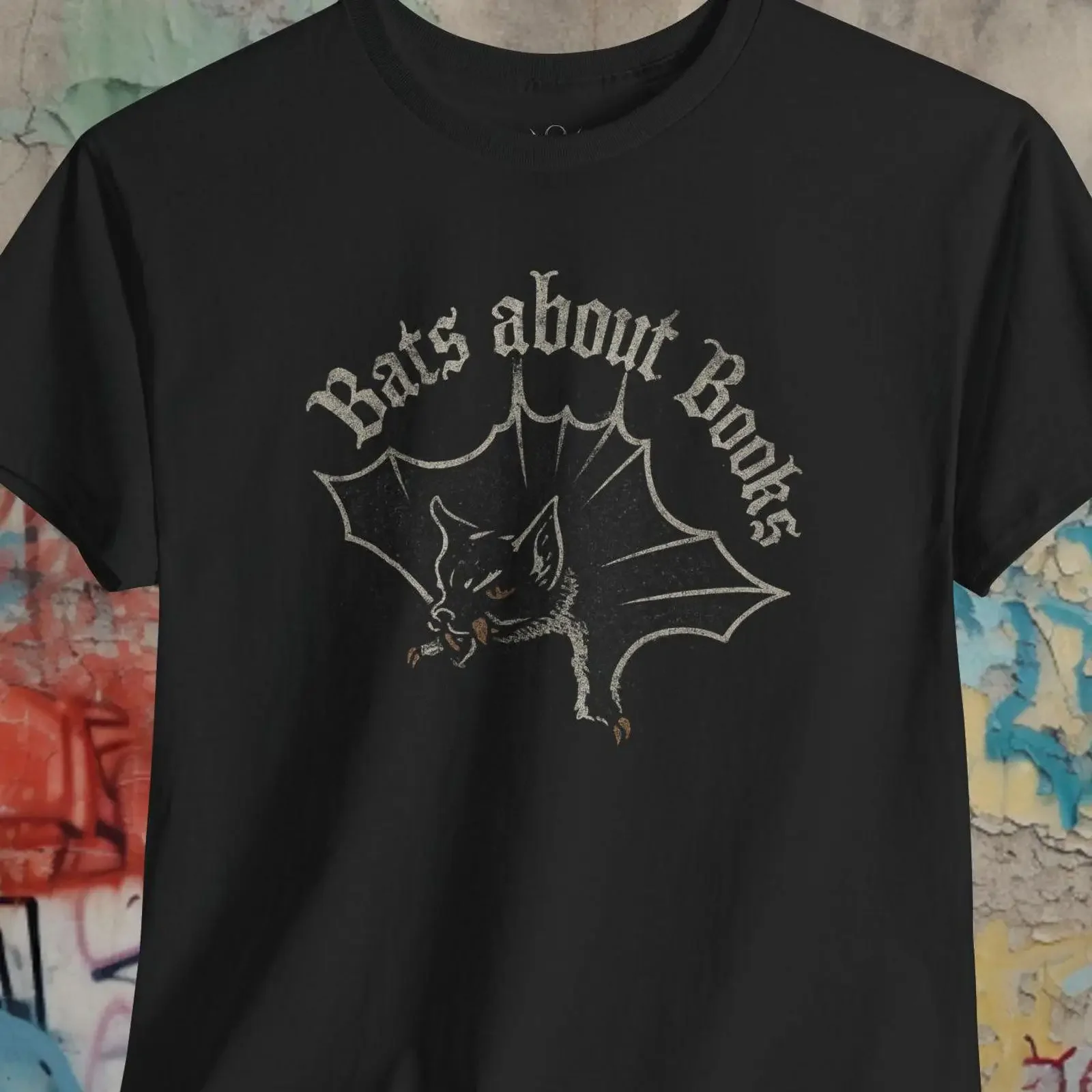 Bats About Books Gothic Distressed T Shirt Vintage Bat Reading Goth Style Horror Reader For Bookworm Black Top vintage Washed