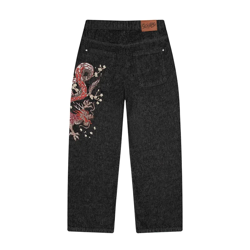 Y2K Washed Distressed Jeans Dragon Plum Blossom Pattern Embroidery Casua Loose Wide Leg Jeans Men Women Fashion Trend Streetwear