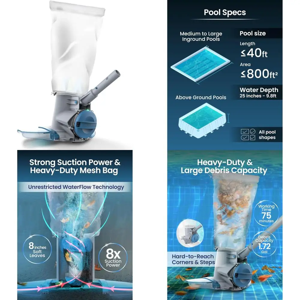 

Профессиональный перезаряжаемый пылесос для бассейнов с фильтрами для удаления листьев и мусора, подходит для наземных и встраиваемых бассейнов.