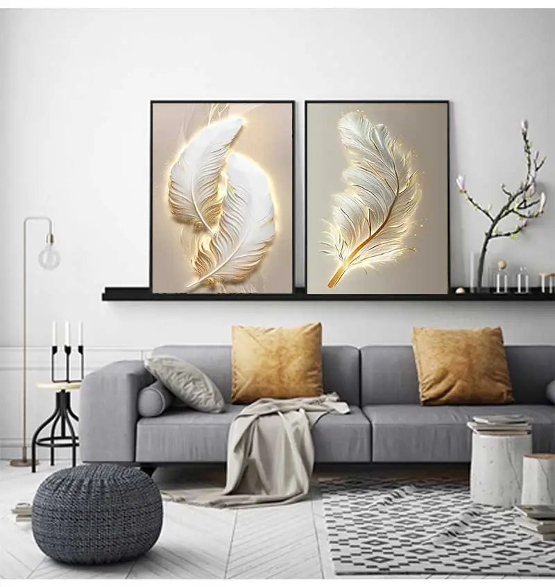 Nordic White and Golden Feather Canvas Prints Luxury Still Life Wall Art Paintings Minimalist Poster Picture for Home Decoration