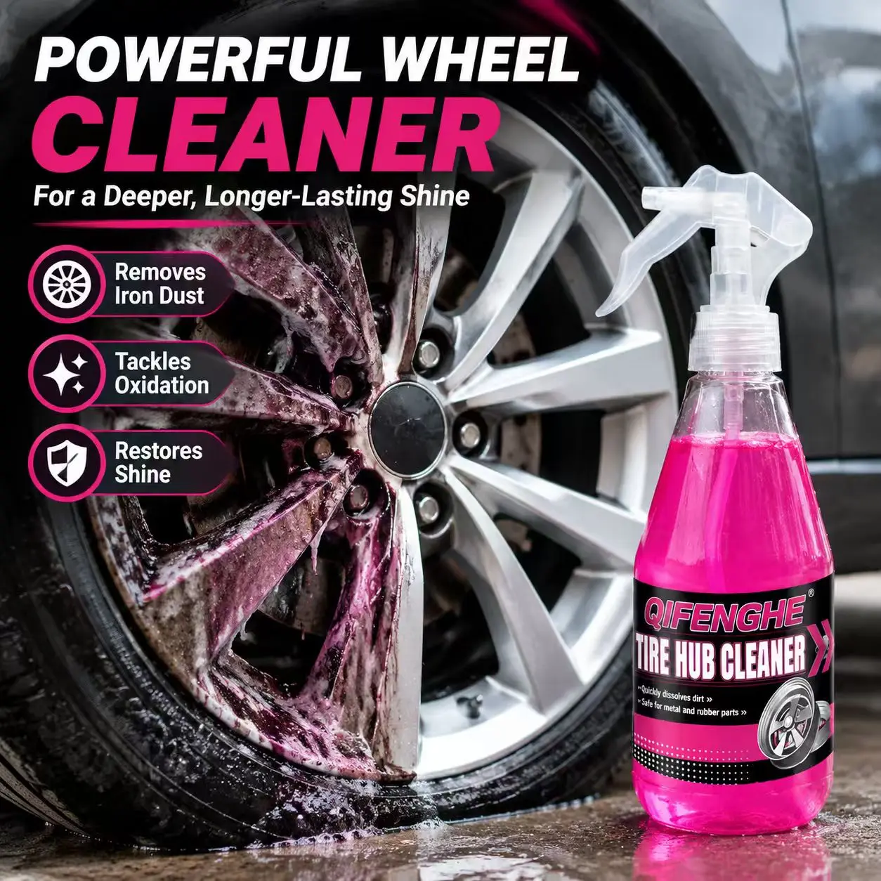 Powerful Wheel Cleaner Spray Remove Brake Dust Iron Particles Restores Shine Safe for Alloy Steel Rims