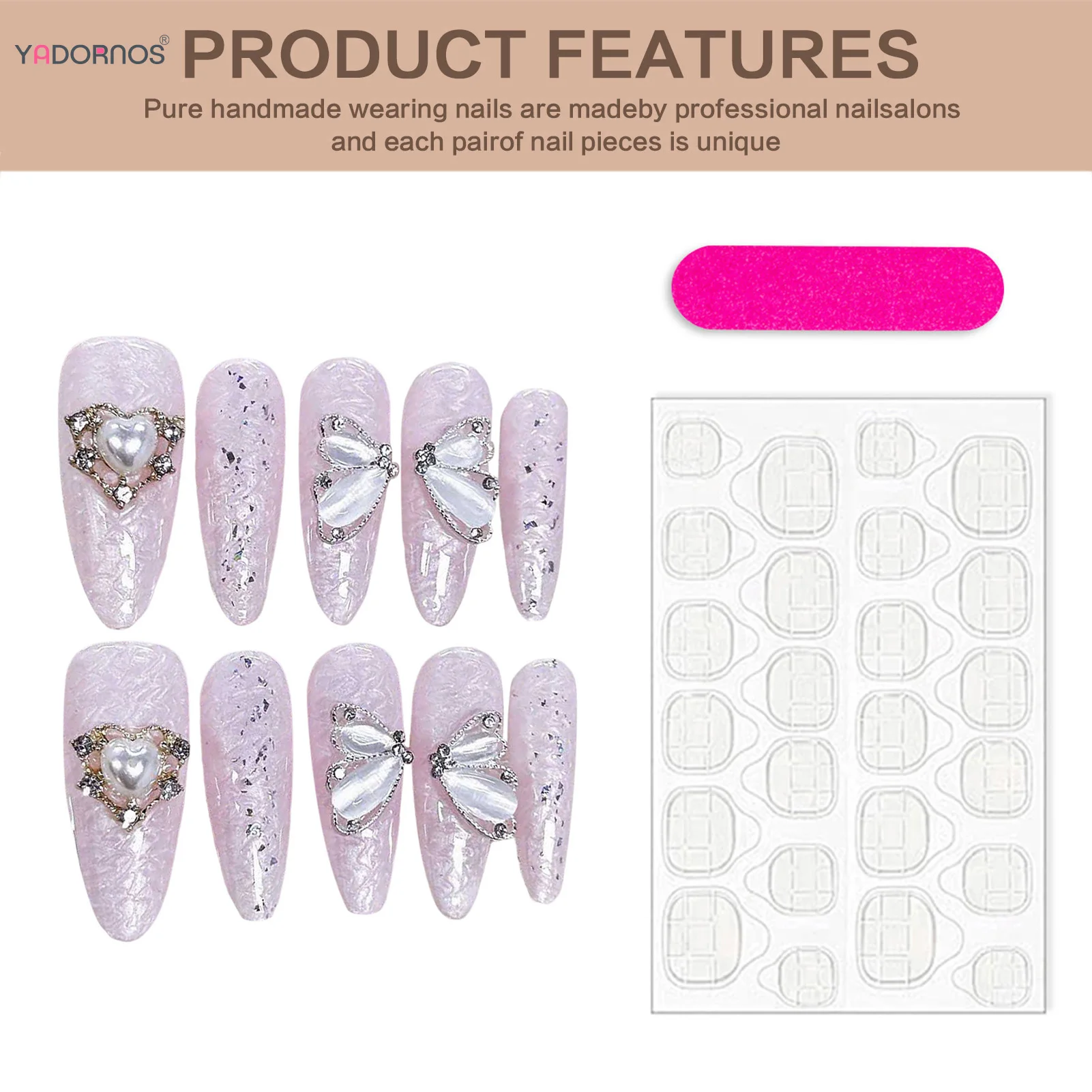 10 buah buatan tangan merah muda Tekan pada kuku panjang Almond kuku palsu mutiara kupu-kupu desain elegan pernikahan kuku palsu manikur bisa dipakai