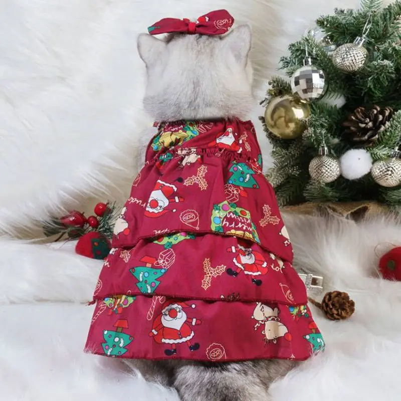 Pet Cat Dress Clothes Christmas Dog Dress Dog Slip Dress Coat Dress Red Skirt Costume Pet Cat Warm Dress Bow Skirt Pet Costume