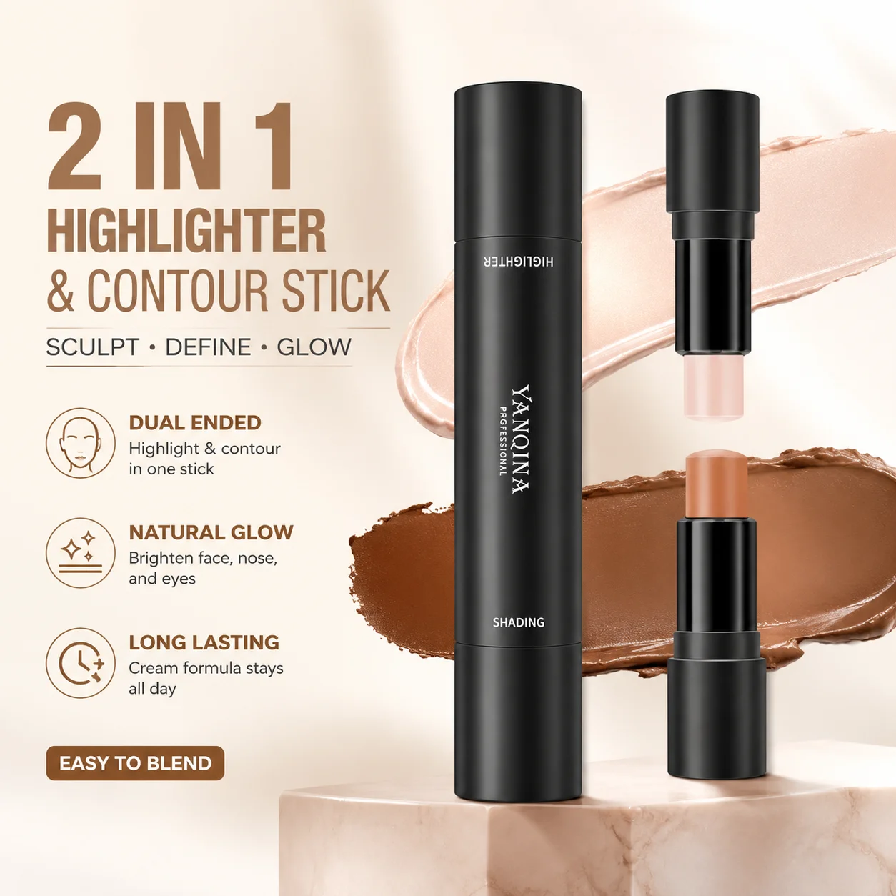 2 in 1 Dual Ended Highlighter & Contour Stick for Face, Nose Shadow, Eye Brightener, Long Lasting Cream Makeup, Easy Blend
