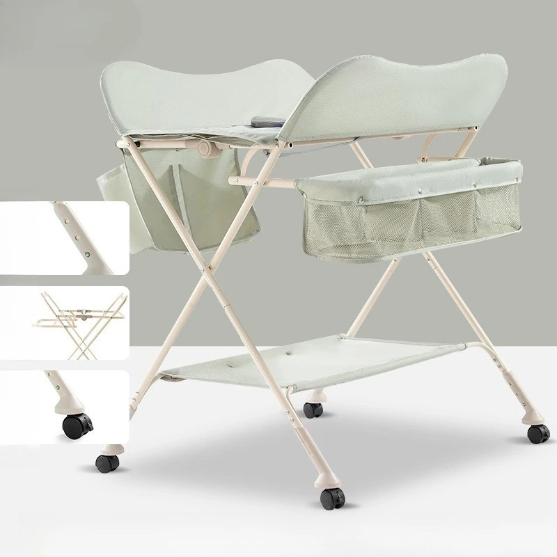 Multi-Functional Nursery Table for Bathing 3-in-1 Adjustable Baby Care Station with 360° Wheels Storage Basket Foldable