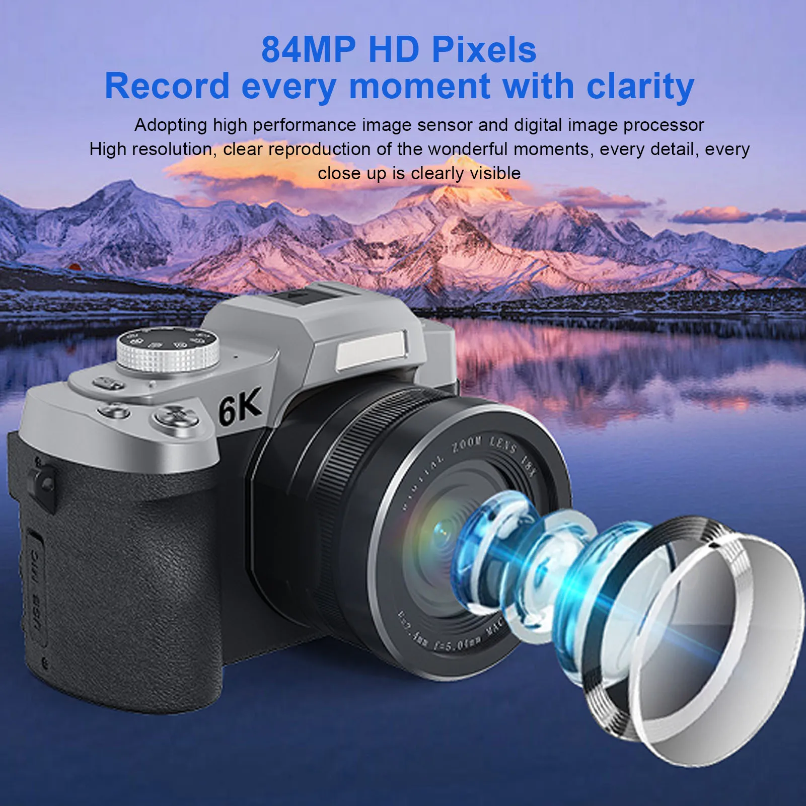 Camera WiFi 6K 84MP Digital Camera 1500mAh Flash 18X Zoom Autofocus with Lens  Lens Hood Shoulder Strap for Recording Video