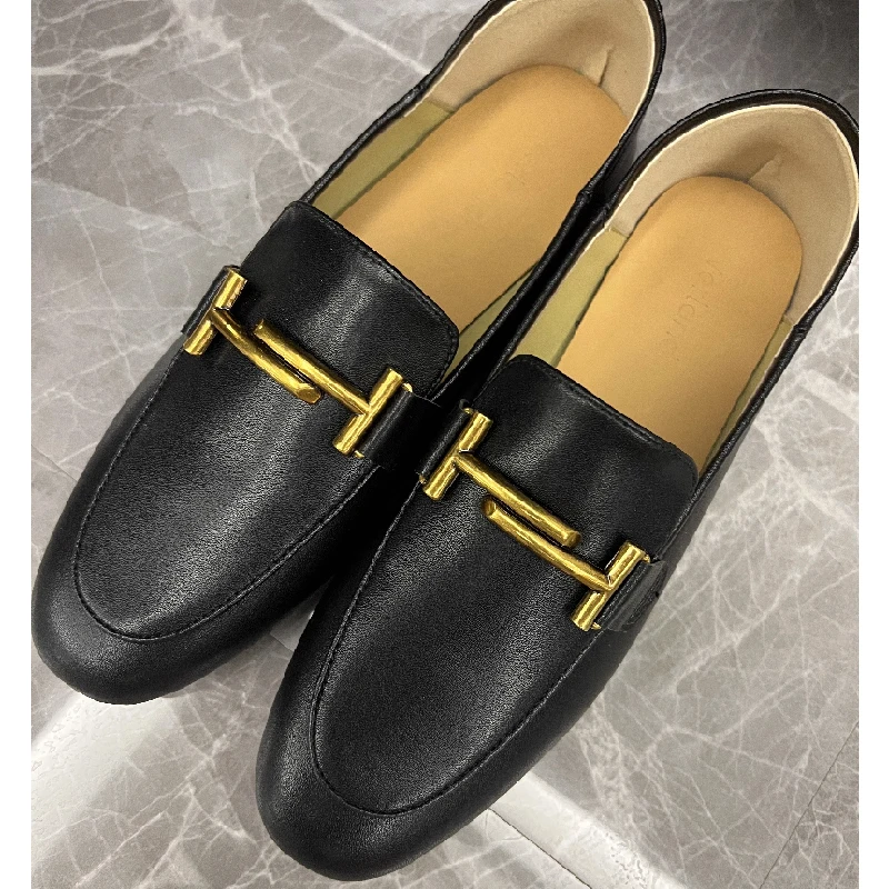 Solid Color Leather Loafers Metal Buckle Women Shoes Summer Round Head Slip-on Flats Soft Sole Casual Cover Heel Zapatos Mujer