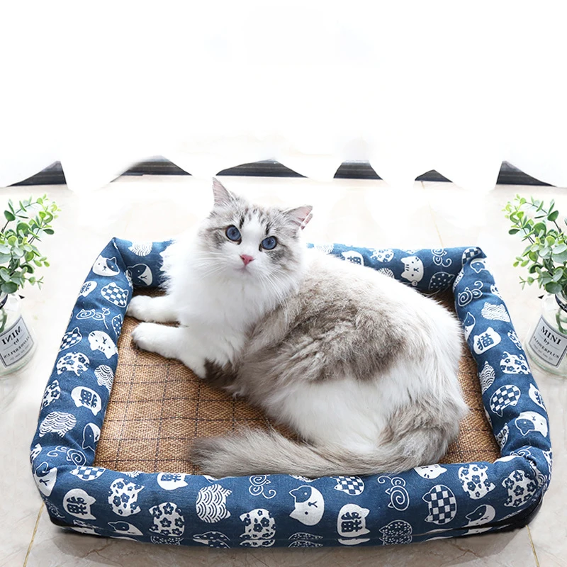 Summer Cat Bed Cushion Ice Silk Cool Pet Mat Small Medium Big Cat Sleeping Bed Nest Breathable Sofa Cooling Rattan Pet Matress