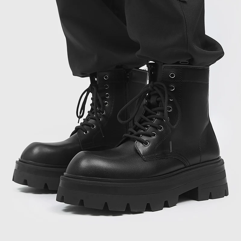 

British style men casual punk rock dress natural leather boots lace-up platform shoes cowboy high boot cool motorcycle botas man