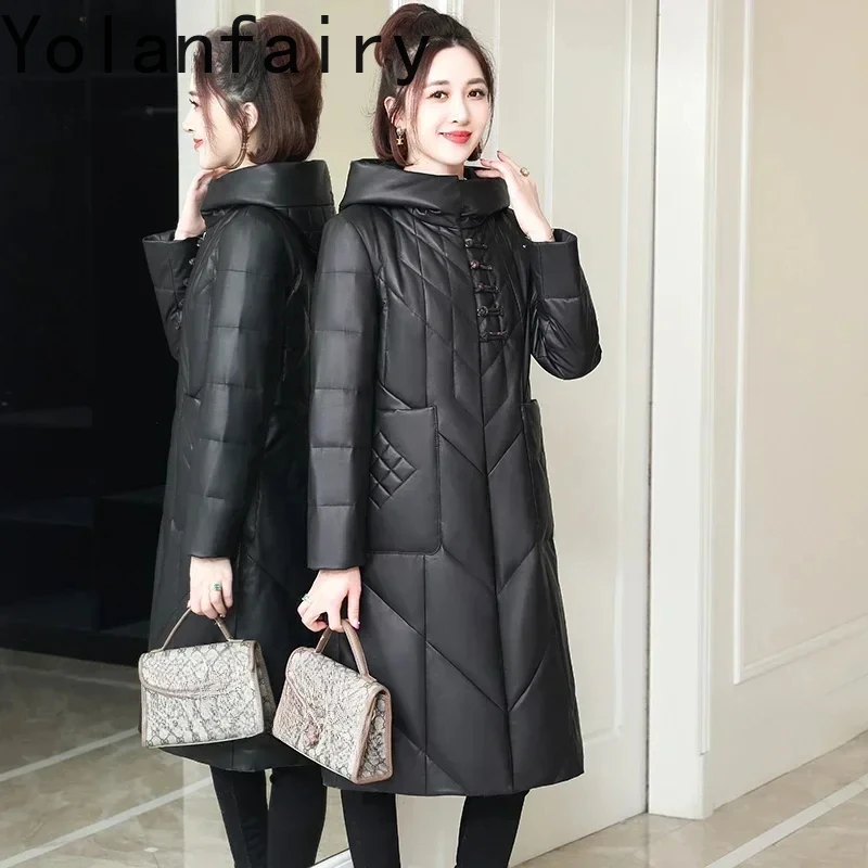 Genuine Sheepskin Leather Trench Coat for Women 2023 Winter Casual Hooded Long Down Coats Fashion Real Leather Jacket Chaquetas